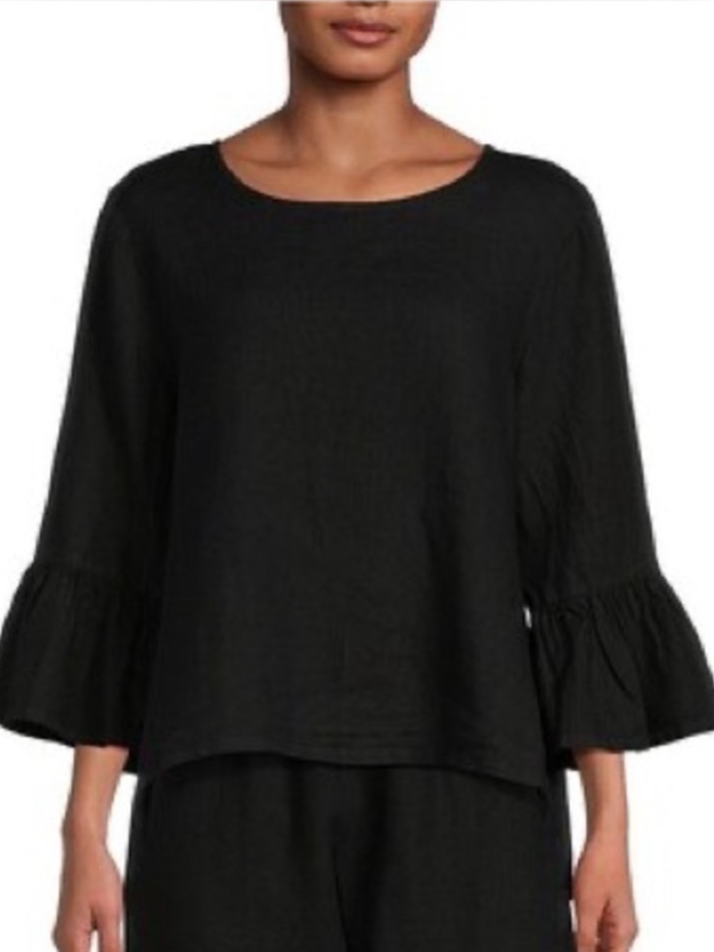 Fran Basic Light Linen Round Neck Ruffle 3/4 Bell Sleeve High-Low Shirt Size L
